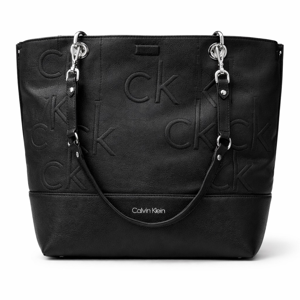 Calvin Klein Black Embossed CK Tote with Silver Hardware